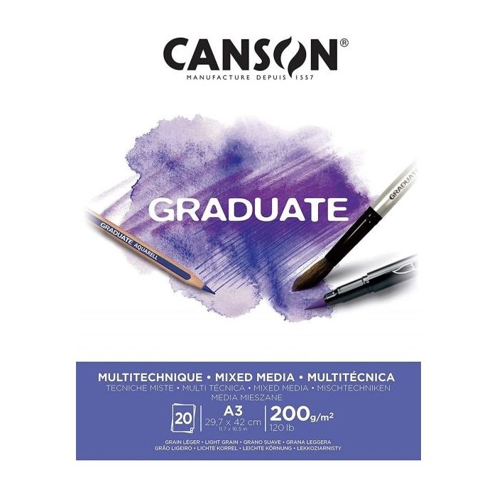 Canson Graduate Mix Media Bloc Encolado de 20 Hojas A3 de 200g - Grano Fino - Color Blanco