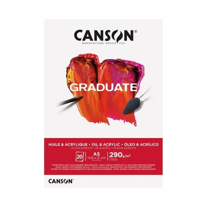 Canson Graduate Oleo & Acrilico Bloc Encolado de 20 Hojas A5 - 290g - Grano Fino - Color Blanco