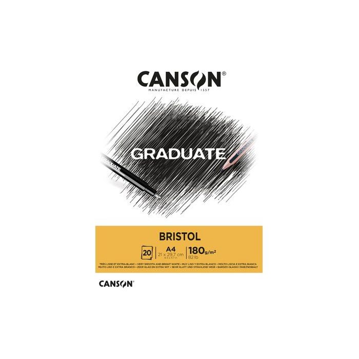Canson Graduate Bristol Bloc Encolado de 20 Hojas A4 - 180g - Extraliso - Color Blanco