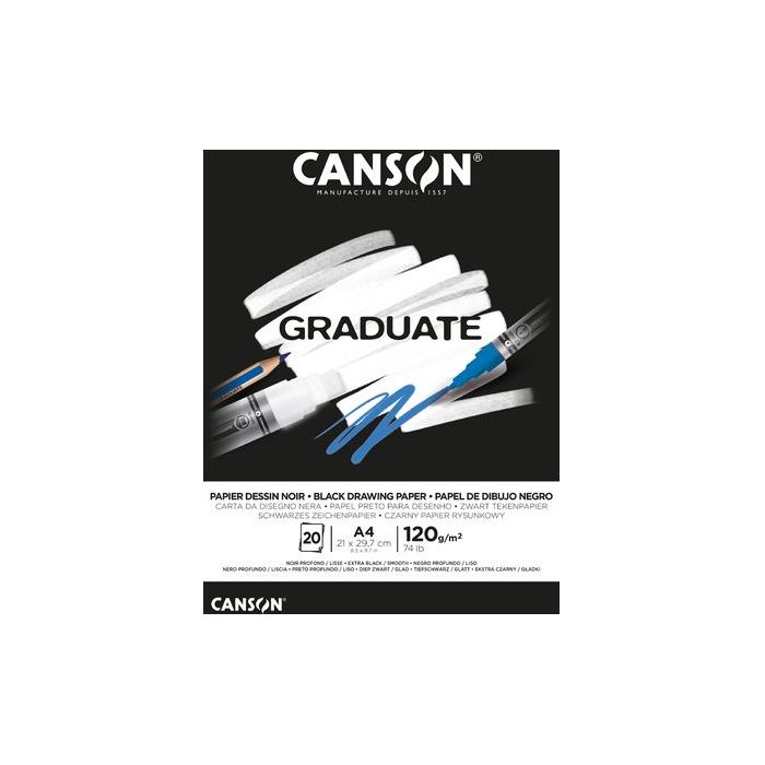 Canson Graduate Black Bloc Encolado de 20 Hojas A4 - 120g - Grano Fino - Color Negro