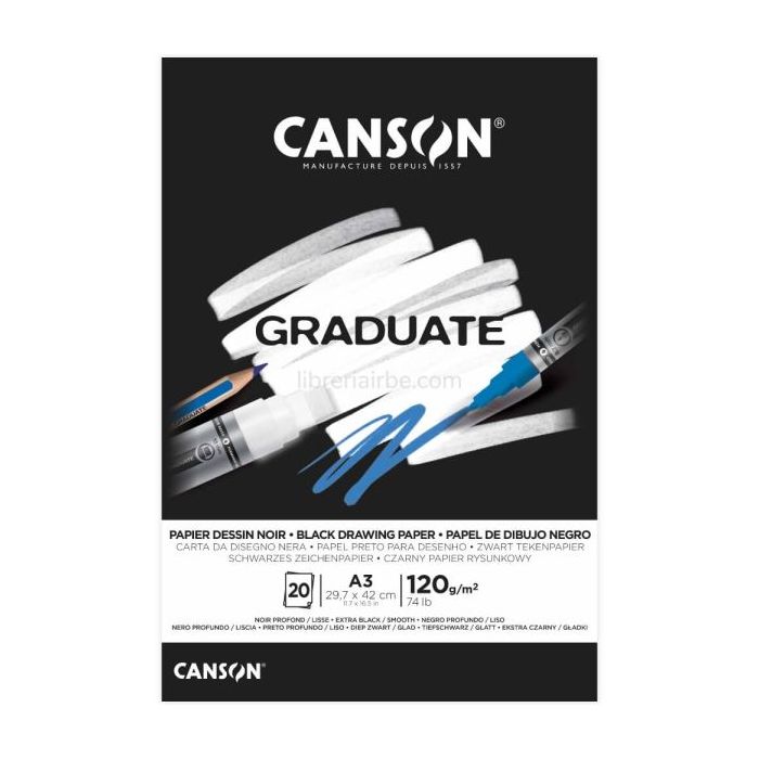 Canson Graduate Black Bloc Encolado de 20 Hojas A3 - 120g - Grano Fino - Color Negro