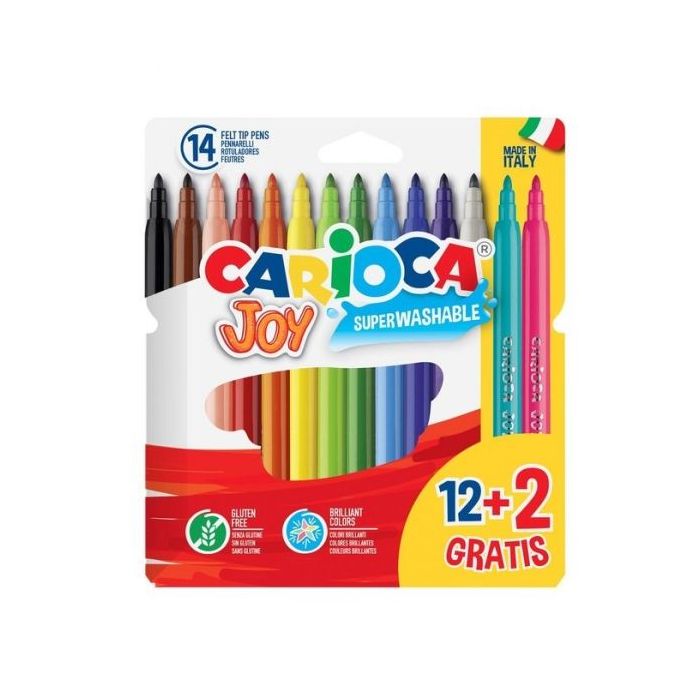 Carioca Joy Superlavables Pack de 12+2 Rotuladores - Punta 2.8mm Bloqueada - Capuchon Ventilado - Colores Surtidos