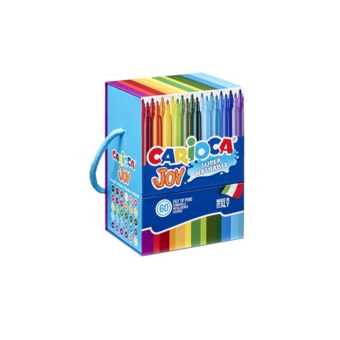 Carioca Joy Caja Rigida con 60 Rotuladores - Punta 2.8mm Bloqueada - Capuchon Ventilado - Lavables - Colores Surtidos