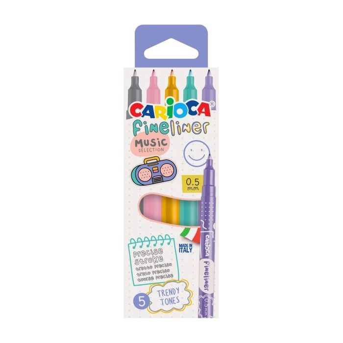 Carioca Fineliner Music Pack de 5 Rotuladores - Punta Blanca de Acetal 0.5mm - Colores Surtidos