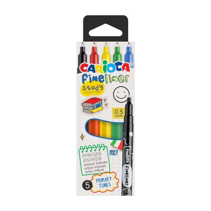 Carioca Fineliner Study Pack de 5 Rotuladores - Punta Blanca de Acetal 0.5mm - Colores Surtidos