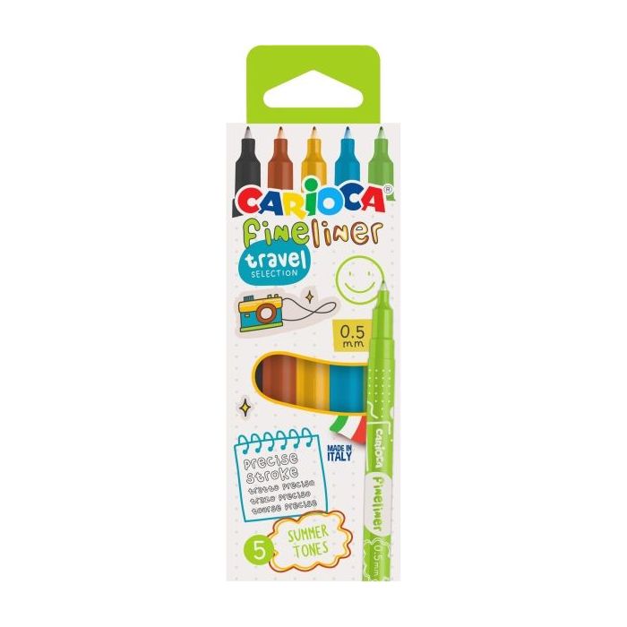 Carioca Fineliner Travel Pack de 5 Rotuladores - Punta Blanca de Acetal 0.5mm - Colores Surtidos