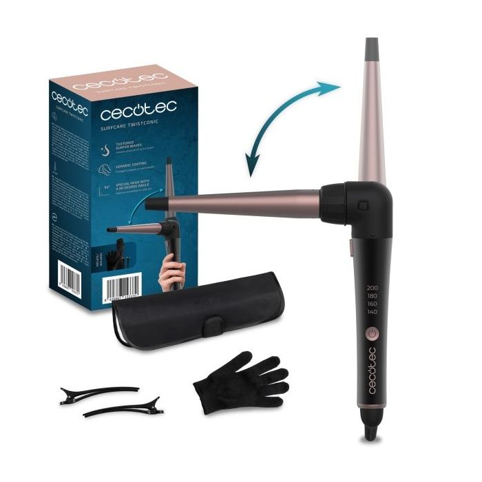 Cecotec SurfCare TwistConic Rizador de 25mm - Codo de 90° - Guante Termico y Estuche - Ceramico - Temperatura de 140 a 200°C - Cable 360º - 2 Clips para Cabello - Color Negro y Rosa