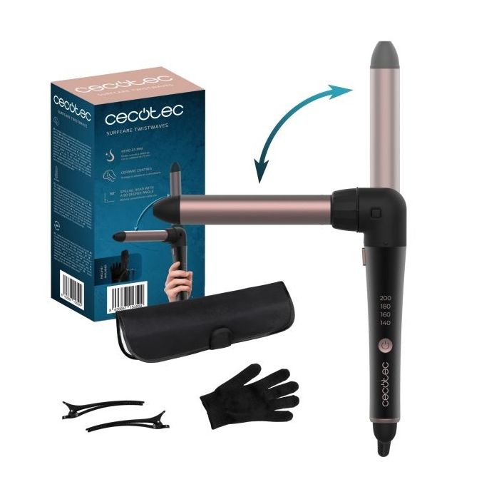 Cecotec SurfCare TwistWaves Rizador de 25mm - Codo de 90° - Guante Termico y Estuche - Ceramico - Temperatura de 140 a 200°C - Cable 360º - Kit Completo con Clips - Color Negro y Rosa