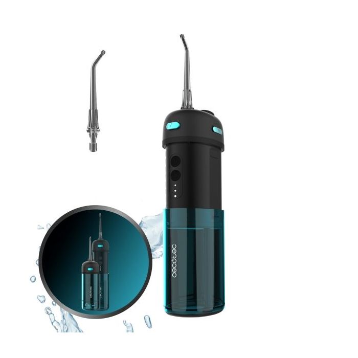 Cecotec ToothCare Jet Splash Irrigador Dental Portatil - Deposito de 150ml - Resistente al Agua IPX7 - 3 Modos - 8 Niveles de Intensidad - 2 Boquillas Intercambiables - Ideal para Viajes - Color Negro