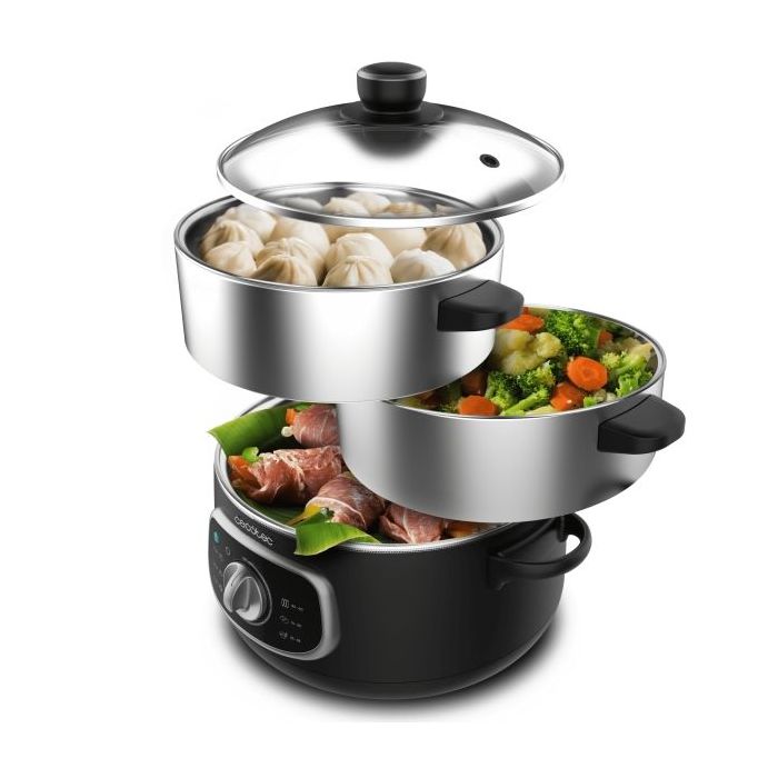 Cecotec Vapovita SteelPot Vaporera Multifuncional - 1300W - Cocina Saludable - Recipientes de Acero Inoxidable - Capacidad de 10L - Tiempo Ajustable - Apagado Automatico - Facil Limpieza - Color Negro