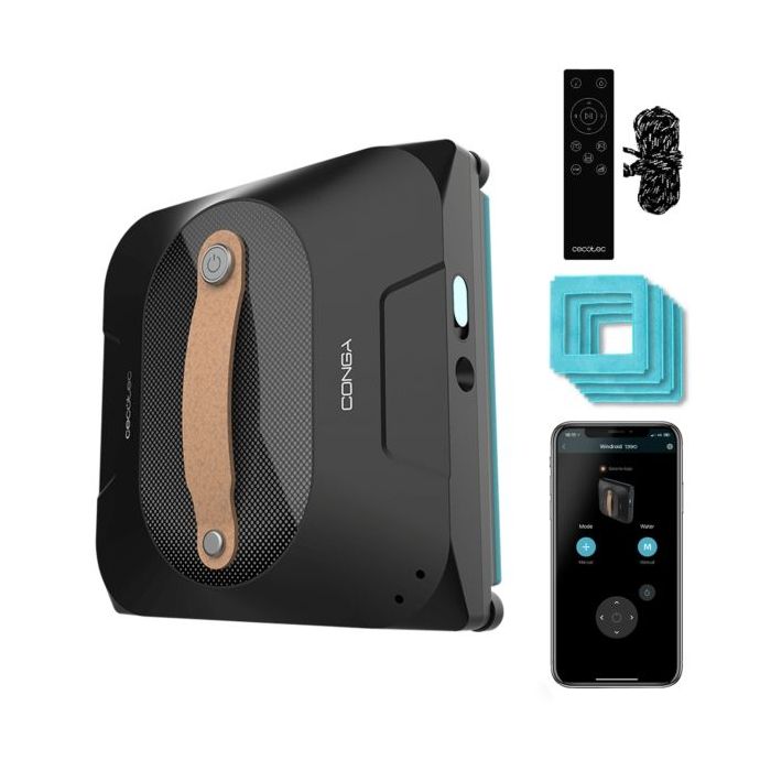 Cecotec Conga Windroid 1390 DoubleSpray Connected Robot Limpiacristales 3 en 1 - Incluye 4 Mopas - 8 Modos - Control App y Mando - Doble Spray - Ideal para Grandes Ventanas - Cuadrado - Color Negro