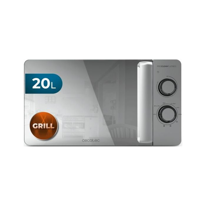 Cecotec Proclean 3160 Flatbed Mirror Microondas sin Plato - Potencia de 700W - Capacidad 20L - Grill 800W - Revestimiento Ceramico - Puerta de Espejo - Temporizador 30min - Acero Inoxidable