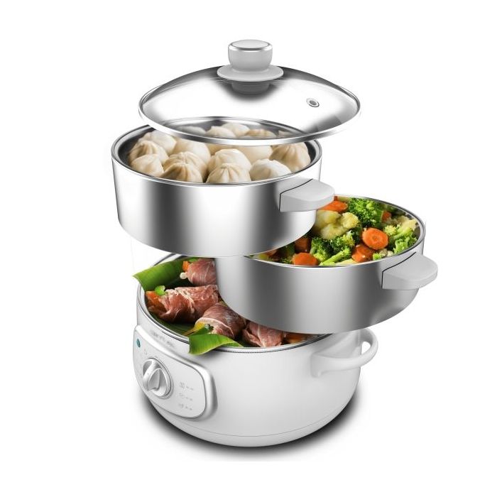 Cecotec Vapovita SteelPot Vaporera Multifuncional - 1300W - Cocina Saludable - Recipientes de Acero Inoxidable - Capacidad de 10L - Tiempo Ajustable - Apagado Automatico - Color Blanco