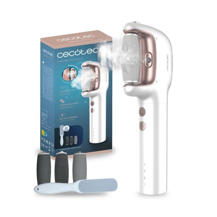 Cecotec SkinCare Steam Silky Lima Electrica para Pies - Funcion Vapor Ajustable - 3 Cabezales Extraibles - Uso Inalambrico - IPX7 - Rascador Adicional - Deposito Imantado - Color Blanco y Rosa
