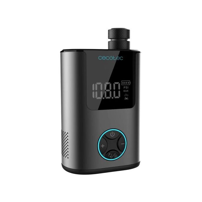 Cecotec Mini Air Max Inflador de Ruedas - Potencia hasta 150psi - Doble Bateria de 600mAh - 4 Boquillas Adaptables - Pantalla LCD con Control - Carga USB-C Rapida - Incluye Accesorios - Color Negro
