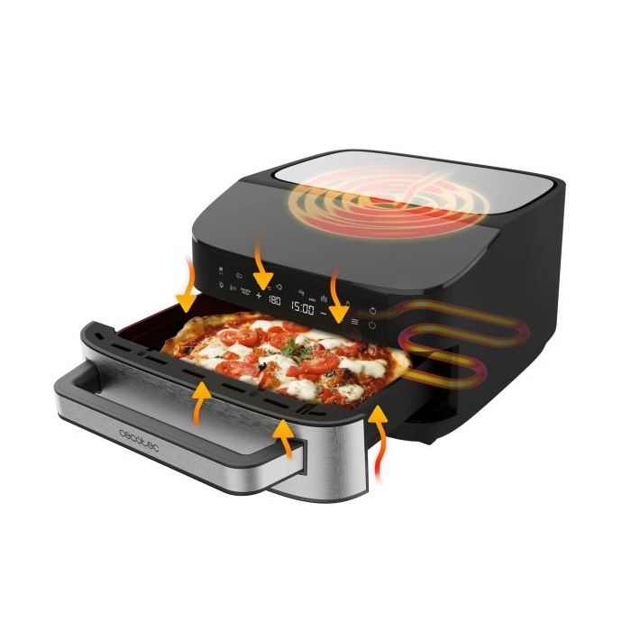 Cecotec PizzaandFry 7000 Horno Electrico para Pizzas hasta 33cm - 1350W - Calentamiento Rapido y Uniforme - Pantalla Tactil Digital - 8 Programas - Rango de 40 a 230°C - Piedra - Color Negro