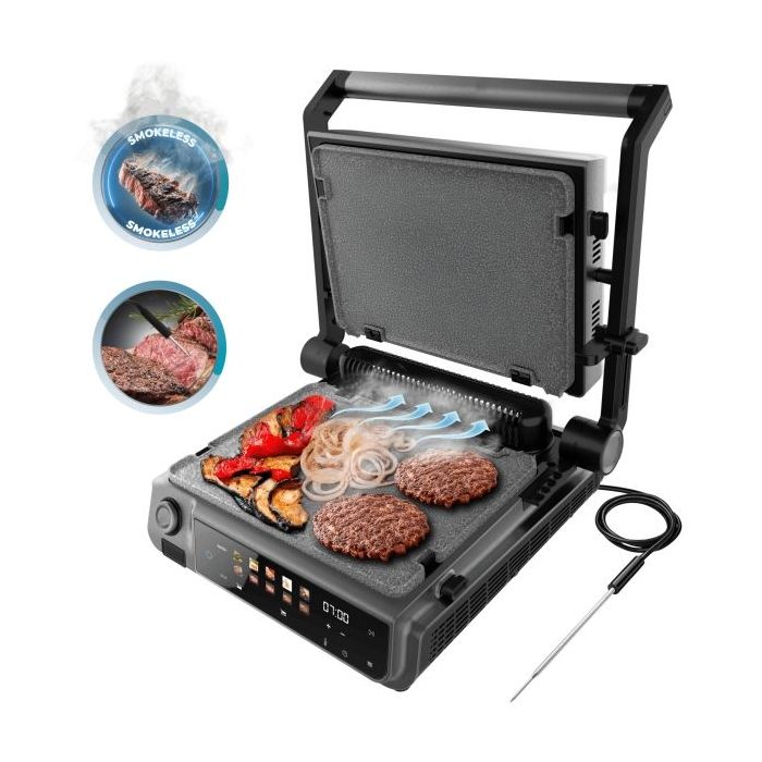 Cecotec Rock'nGrill 2000 Smash PerfectCook Parrilla Electrica - 2000W - Sonda de Temperatura Inteligente - Placas Extraibles y Reversibles - Control Tactil y LED - Antiadherente - Color Negro