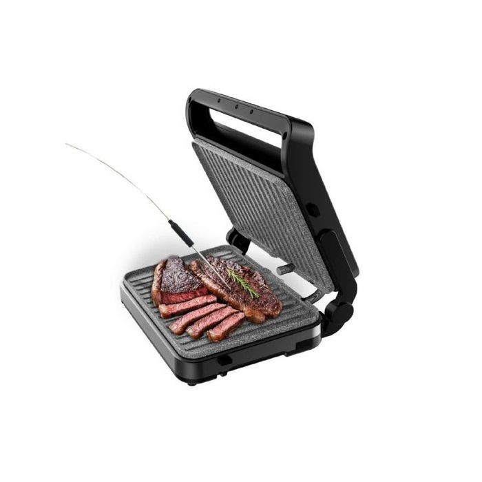 Cecotec Rock'nGrill 2000 PerfectCook Parrilla Electrica con Sonda de Temperatura Inteligente - 2000W - Placas Desmontables - Acabado en Acero Inoxidable - Bandeja Recogegrasas - 30x23cm - Color Negro