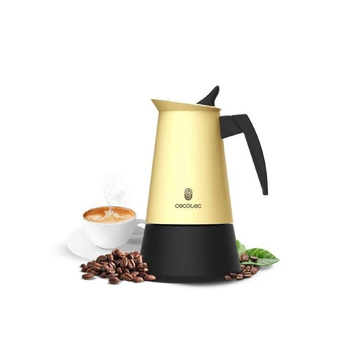 Cecotec Piccolina 600 Cafetera Italiana para 6 Tazas de Acero Inoxidable - Capacidad de 300ml - Junta de Silicona - Compatible con Todo Tipo de Cocinas - Valvula de Seguridad - Color Negro y Amarillo