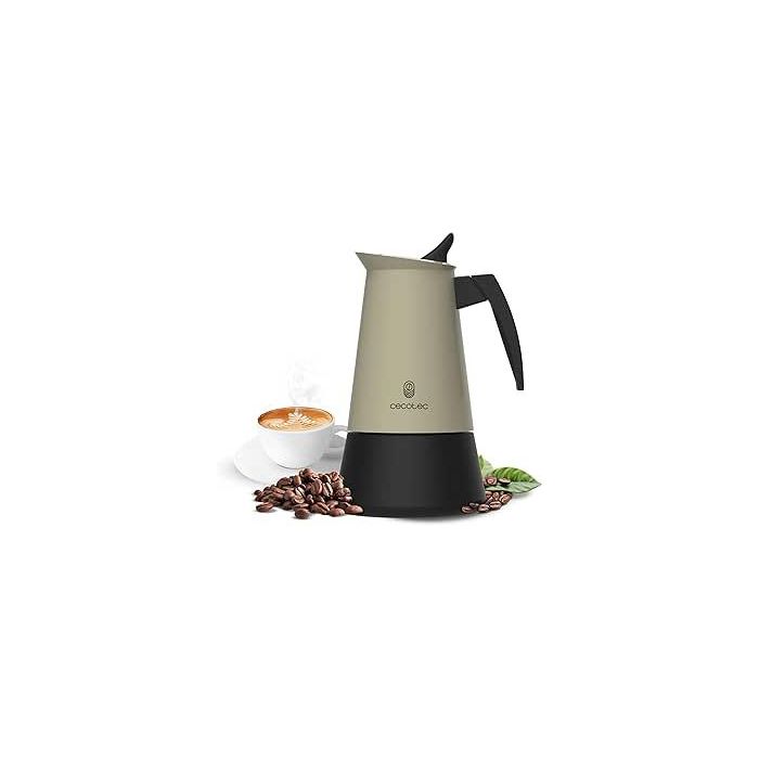 Cecotec Piccolina 600 Cafetera Italiana para 6 Tazas de Acero Inoxidable - Capacidad de 300ml - Junta de Silicona - Compatible con Todo Tipo de Cocinas - Valvula de Seguridad - Color Negro y Verde