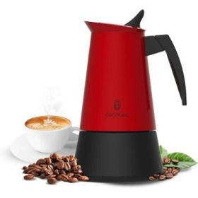 Cecotec Piccolina 600 Cafetera Italiana para 6 Tazas de Acero Inoxidable - Capacidad de 300ml - Junta de Silicona - Compatible con Todo Tipo de Cocinas - Valvula de Seguridad - Color Negro y Rojo