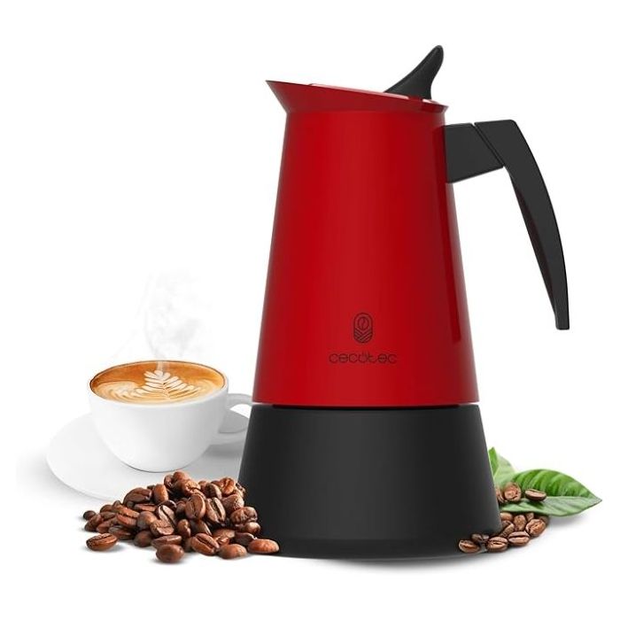 Cecotec Piccolina 600 Cafetera Italiana para 6 Tazas de Acero Inoxidable - Capacidad de 300ml - Junta de Silicona - Compatible con Todo Tipo de Cocinas - Valvula de Seguridad - Color Negro y Rojo