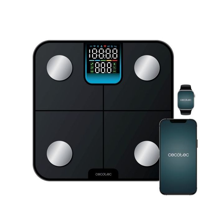 Cecotec Surface Precision HealthySmart Bascula Corporal hasta 180kg - Bluetooth 4.0 - Analisis Corporal Completo - Patas Antideslizantes - Funcion Bebe - Cristal Templado - LCD - 310x310mm - Color Negro