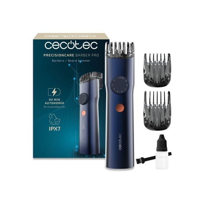 Cecotec PrecisionCare Barber Pro Recortadora para Barba Inalambrica - Autonomia 90min - Cuchillas de Acero Inoxidable - Peines Ajustables - Rueda de Ajuste - IPX7 - Pantalla LED - Color Azul Marino