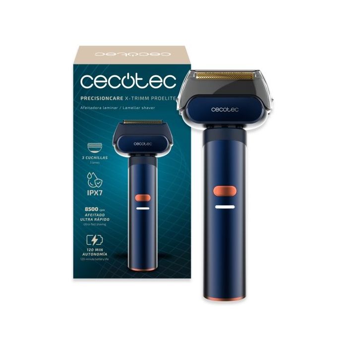 Cecotec PrecisionCare X-Trimm ProElite Afeitadora Inalambrica - Cuerpo de Aluminio - 8500rpm - Bateria 1300mAh - Cuchillas de Titanio - 3 Velocidades - IPX7 - Bloqueo de Seguridad - Color Azul Marino