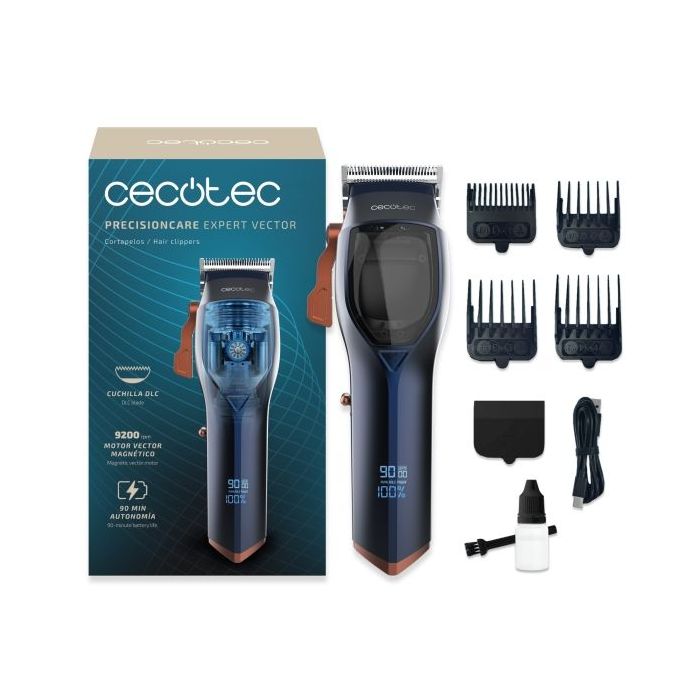 Cecotec PrecisionCare Expert Vector Cortapelos Inalambrico - Motor de 9200rpm - Cuchilla DLC Acero y Ceramica - Autonomia 90min - 4 Peines - Carga Rapida USB-C - Ergonomico - Color Negro