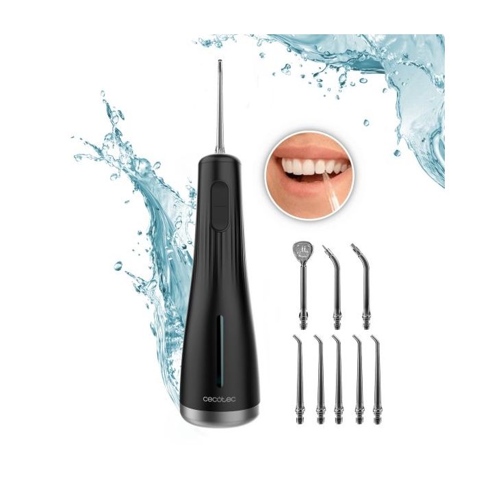 Cecotec ToothCare Jet Liberty Irrigador Dental Portatil - 8 Boquillas Intercambiables - 4 Modos - Deposito de 250ml - Resistente al Agua IPX7 - Compacto y Ligero - 1600 Pulsos por Minuto - Color Negro