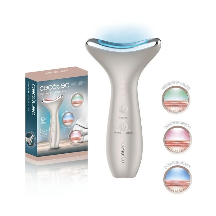 Cecotec FaceCare Face and Neck Pro Cepillo de Fototerapia Facial - Rostro y Cuello - 3 Modos - Luz LED - 5 Niveles de EMS - Vibracion y Calor - Temporizador - Funcion Memoria - Color Blanco