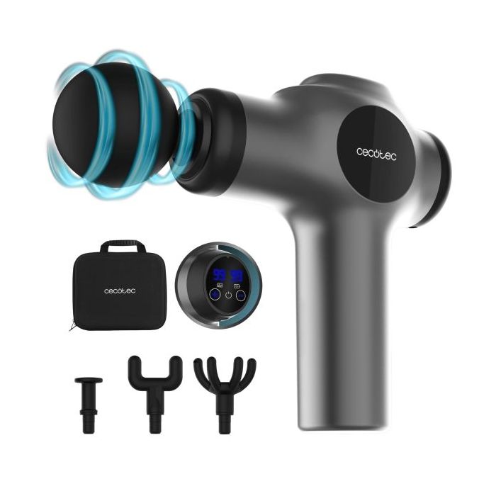 Cecotec SkinCare Massage Gun Pistola de Masaje - LCD - Relaja Musculos y Mejora Circulacion - Intensidad Ajustable - 4 Cabezales Intercambiables - Estuche de Almacenamiento - Color Negro y Gris