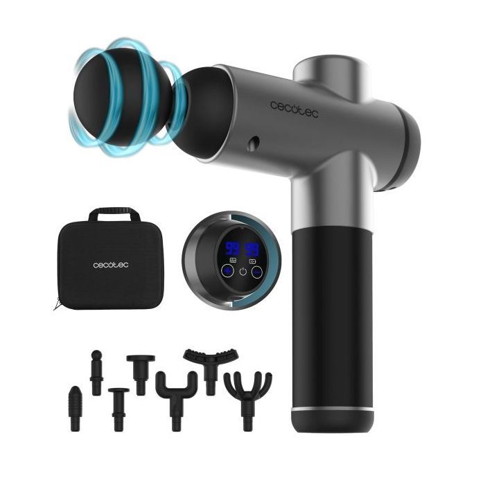 Cecotec SkinCare Massage Full Recovery Pistola de Masaje - LCD - Intensidad Ajustable - Relaja Musculos y Mejora Circulacion - 8 Cabezales Intercambiables - 2h de Autonomia - Color Negro y Gris