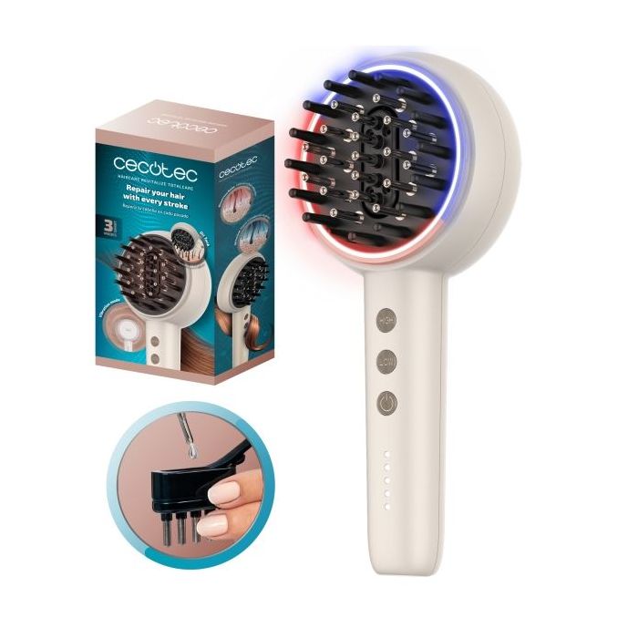Cecotec HairCare Revitalize TotalCare Cepillo Reparador de Cabello - Estimula Foliculos Pilosos - Luz LED - Aplicador de Serum Integrado - 5 Niveles de Intensidad Ajustables - Color Blanco