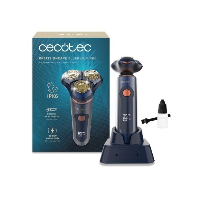 Cecotec PrecisionCare Pro Afeitadora Rotativa - Pantalla LCD - Cuchillas de Titanio Dobles - Autonomia 80min - Resistencia IPX6 - Base de Carga - Color Azul Marino