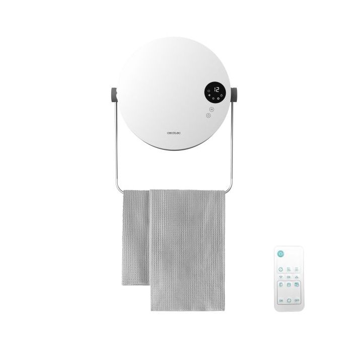 Cecotec ReadyWarm 2000 Round Calefactor Ceramico de Pared - Potencia de 2000W - Control Remoto Incluido - Ajuste de Temperatura - Temporizador de 12h - Cuelgatoallas - Proteccion IP22 - Color Blanco