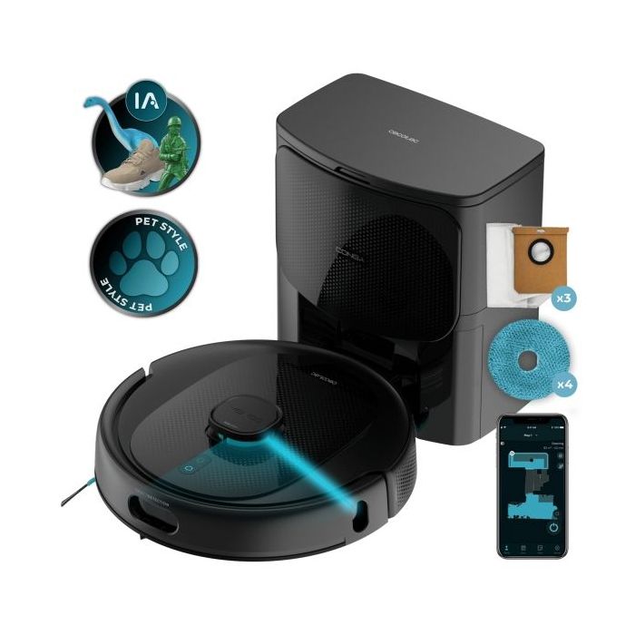 Cecotec Conga 9990 AI Spin Revolution Ultra Power Home Robot Aspirador 4 en 1 con Base de Autovaciado - 10kPa - Chip con IA - Mopas Giratorias - Autonomia 240min - Cepillo Antienredos - Color Negro