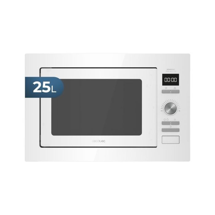 Cecotec GrandHeat 2590 Built-in Microondas Encastrable - 900W - Capacidad 25L - Grill 1000W - 8 Funciones Preconfiguradas - Temporizador - Revestimiento Acero Inoxidable - Bloqueo Infantil - Color Blanco
