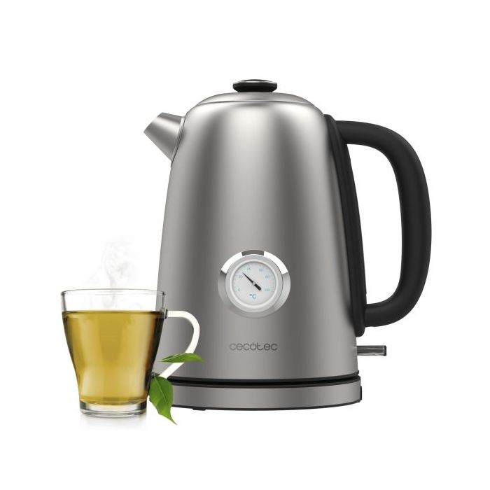 Cecotec Thermosense 620 Vintage Hervidor de Agua Electrico - Potencia de 2200W - Capacidad 1.7L - Acero Inoxidable - Termometro Analogico - Base Giratoria 360º - Apagado Automatico