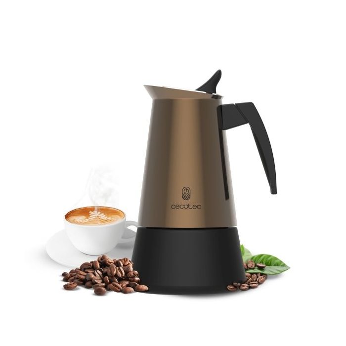 Cecotec Piccolina 200 Cafetera Italiana para 2 Tazas - Acero Inoxidable - Apta para Gas, Electrica y Vitro - Mango Ergonomico - Valvula de Seguridad Integrada - Color Marron Metalizado