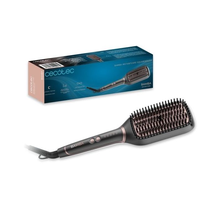 Cecotec Bamba InstantCare SquareBrush Cepillo Alisador - Revestimiento Ceramico - Temperatura Ajustable - Tecnologia de Iones - Autoapagado a los 45min - Cable Giratorio 360º - Indicador LED - Color Gris