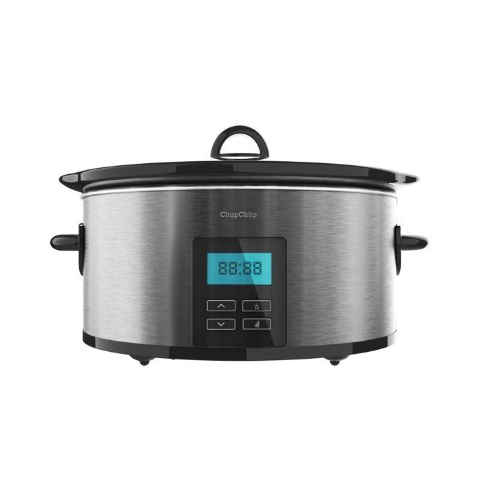 Cecotec Chupchup Matic Olla de Coccion Lenta - Pantalla LCD - Capacidad 5.5L - Cubeta Ceramica Ovalada - Programable - Tapa Cristal Abatible - Recetario - Acero con Acabados en Negro