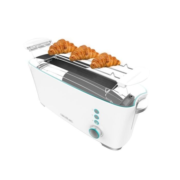 Cecotec Toast and Taste ExtraW Tostadora de Ranura Larga - 1000W - Ranura XL Extra Ancha - Calienta Panecillos - Funciones Descongelar y Recalentar - Funcion de Extra Elevacion - 7 Niveles - Color Blanco