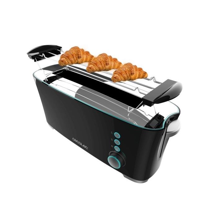 Cecotec Toast and Taste Extra B Tostadora de Ranura Larga - 1000W - Ranura XL Extra Ancha - Calienta Panecillos - Funcion de Extra Elevacion - 7 Niveles - Funciones Descongelar y Recalentar - Color Negro