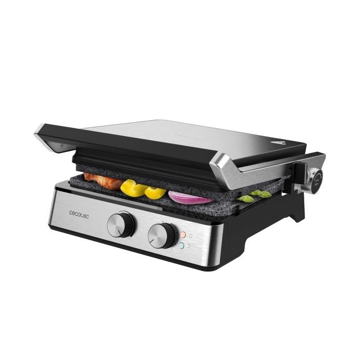Cecotec Rock'nGrill Blaze Parrilla Electrica - Potencia de 2400W - Revestimiento Antiadherente - Apertura 180º - Temperatura Regulable - Bandeja Recogegrasas - 29x23cm - Acero Inoxidable
