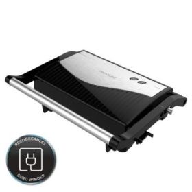 Cecotec Rock'nGrill 750 Full Open Parrilla Electrica - 750W - Apertura 180º - Revestimiento Antiadherente - Placa Flotante - Indicador Luminoso - Cierre Vertical con Pinza - 23x14.5cm - Color Negro