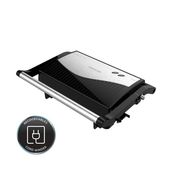 Cecotec Rock'nGrill 750 Full Open Parrilla Electrica - 750W - Apertura 180º - Revestimiento Antiadherente - Placa Flotante - Indicador Luminoso - Cierre Vertical con Pinza - 23x14.5cm - Color Negro