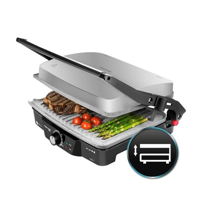Cecotec Rock'nGrill 2000 Parrilla Electrica - 2000W - Antiadherente - Apertura 180º - Saliente Vierte Grasas - Placa Superior Flotante - Base Antideslizante - 30x23.5cm - Acero Inoxidable
