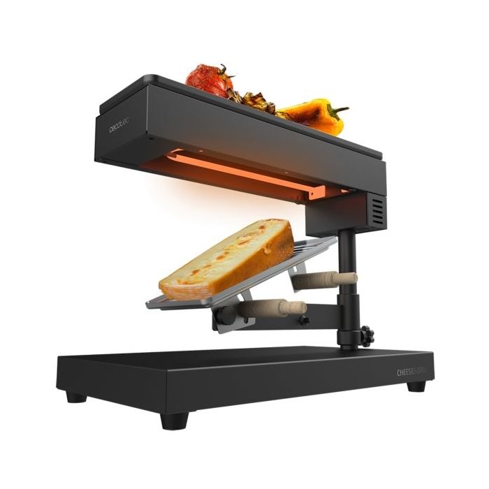 Cecotec Cheese and Grill 6000 Pro Raclette con Funcion Grill - 600W - Acero Inoxidable Duradero - Espatulas de Madera - Termostato - Parrilla Antiadherente - Mango Reclinable - Compacto - Color Negro